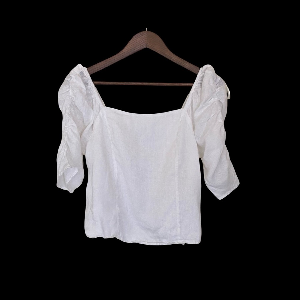 Rachel Zoe Women's Top L White 100% European Flax Linen Puff Sleeve Smocked Back